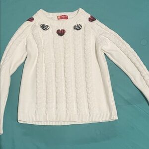 Elegant White Cable Knit Sweater with Heart Details